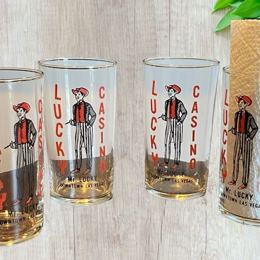 4 - Lucky Casino - Mr. Lucky - Downtown Las Vegas Bar Glass Vintage 4.75”